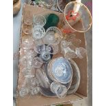 A Box Of Glassware - Fruit Set, 3 Vases & Various Glasses Etc