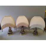 3 Brass & Porcelain Lamps & Shades