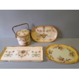 A Crown Devon Biscuit Barrel & Tray, Crown Ducal Plate, 3 Victorian Light Shades & 1 Other Dish