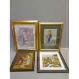 2 Needlework Pictures In Gilt Frames, Deer Print & Oil Of Girl/ Dog