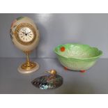 A Burslem Midwinter Fruit Bowl, Quartz Egg Shaped Mantel Clock & Paperweight