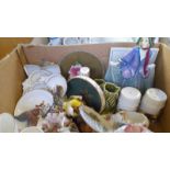 A Box Including Royal Doulton Figurine, Dressing Table Pieces, Pin Trays Etc