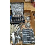 A Box Including Plated Fish Knives & Forks, Teaspoons & Serviette Rings Etc