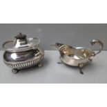 Silver Lidded Sugar Bowl London 1902 & Silver Sauce Boat Birmingham 1936