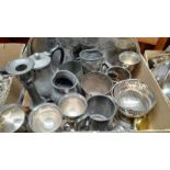 A Box Including Pewter Tankards, Teapots, Plated Tray Etc