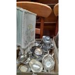 A Box Including Plated Cream & Sugar, Teapot, Lamp Etc