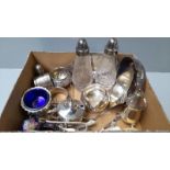 A Box Including Plated Cruet Sets, Serviette Rings, Small Trays Etc