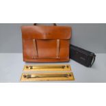 An Old Kodak Camera, Leather Holdall & 2 Naval Map Rulers (W H Harling Limited, London) Etc