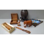 A Box Including Treen Boxes, Vases, Napkin Rings, Animals Etc