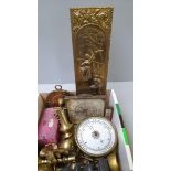 A Box Including Brass Barometer, Brass Plaques, Clock Etc