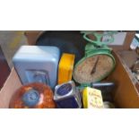 A Box Including Salter Scales, Brass Weights, Flat Iron & Copper Pan Etc