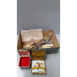 A Box Including Cigarette Case, Tea Knives, Beaded Purse Etc