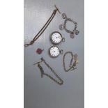 A Box Including 2 Pocket Watches, Fob Chains, Bracelet Etc