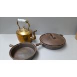 A Box Including Metal Pan, Brass Kettle Etc