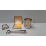 A Silver Mug Sheffield 1903, Silver Napkin Ring Sheffield 1942 & Plated Sugar Tongs & Cigarette Case