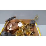 A Box Including Small Copper Kettle, Assorted Brassware Etc