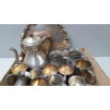 A Box Including Pewter Tankards, Coffee Pot, Tray, Plated Tankards Etc