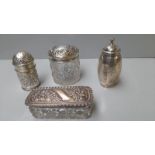 Small Silver Pepper Pots Sheff 1920 & Birmingham 1896 & 2 Plated Dressing Table Pieces