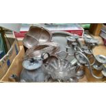 A Box Including Plated Tray, Candelabra, Teapot Etc