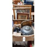 A Brass Magazine Rack, Metal Kettle, Old Tins Etc