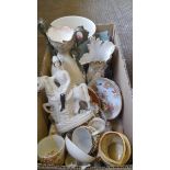 Box Of Various Vases, Staffordshire Horse Figure, Small Dishes Etc