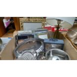 A Box Of Assorted Plated Ware, Lamp, Photo Frames Etc