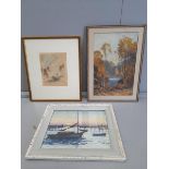 3 Prints Harbour Scene, Woodland Etc