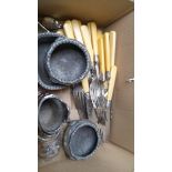 A Box Including Fish Knives & Forks, Small Plated Salts Etc