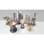 A Box Including 2 Plated Hip Flasks, 5 Trophies Etc