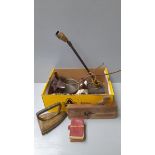 A Box Including Metal & Copper Pan, Flat Iron, Lamp Etc