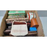 A Box Of Old Tins & Leather Wallet Etc