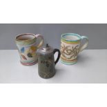 2 Painted Glazed Tankards & A Small Pewter Lidded Jug