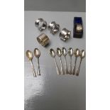 3 Silver Napkin Rings Birmingham 1903, 6 Silver Teaspoons Sheffield 1905 & 2 Other Spoons & 2