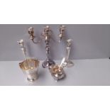 A Box Including Plated Candelabra, Candlesticks, Ice Bucket Etc