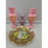 2 Glass Mantel Vases, Carnival Dish, Cake Stand, Plates Etc