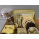 A Box Including Place Mats, Lamp, 3 Onyx Eggs, 2 Carriage Clocks Etc