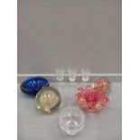 2 Paperweights, 2 Coloured Glass Dishes & 3 Sherry Glasses