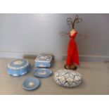 A Box Including Wedgwood Dressing Table Pieces, China Etc