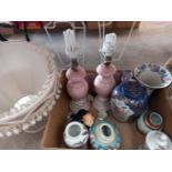 A Box Including Table Lamps & Shades, Lidded Jar, Vases Etc