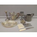 A Pewter Teapot, Coffee Pot, Goblet, Plated Ware Etc