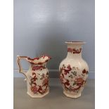 A Masons Mandalay Red Jug & Vase, 5 Coloured Glasses Etc