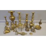A Box Including Brass Candlesticks, Vases Etc