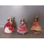 3 Royal Doulton Figurines - The Hinged Parasol, Top Of The Hill & Pantalette