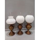 3 Brass Oil Lamps & Glass Shades