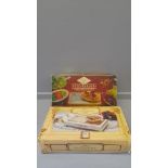 A Box Including 3 Food Warmers, Brass Lamp & Kitchen Utensils
