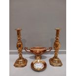 A Pair Of Brass Candlesticks & Brass Vase