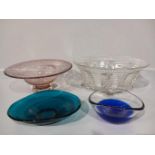 3 Coloured Glass Dishes, 2 Milk Bottles Etc