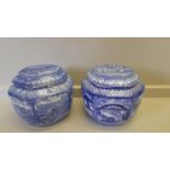 2 Blue & White Maling Ware Lidded Jars