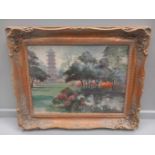 An Oil Painting - Kew Gardens Pagoda By S J Iredale