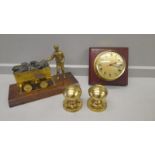A Brass Desk Piece - Coal Wagon, Brass Quartz Clock & Door Knobs